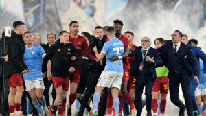 Fotogramma della risa nel post partita del derby dell'Olimpico. Fonte: romatoday.it